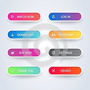 Set of colorful modern material style buttons on white background. Different flat line gradient colors and icons collection. Vecto