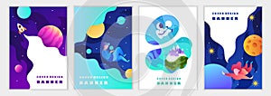 Set of colorful modern space templates for banners, posters, flyers, covers, cards. Astronaut, planets, galaxy, people.