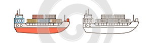 Set of colorful and monochrome cargo ships containerships in line art style. Sea watercrafts of delivery service side photo