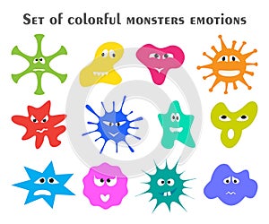 Set of colorful monsters with different emotions. Fantasy cute cartoon characters in flat style. Funny comic emoticons