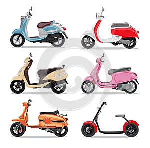 Set of colorful moped in flat style side view.