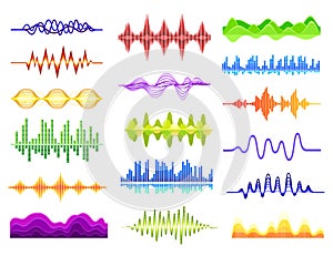 Set of colorful music sound waves. Audio digital equalizer, musical pulse cartoon vector