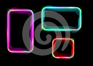 Set colorful neon shiny glowing vintage frame isolated or black background. Fluorescent light Multicolored neon tube realistic