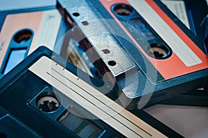 Set of colorful old audio cassettes background