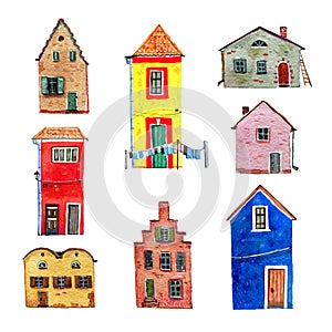 Set of colorful old stone european houses. Hand drawn cartoon watercolor illustration