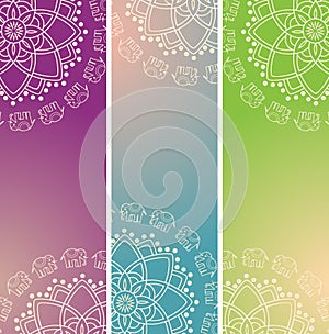 Set of colorful oriental elephant henna mandala vertical banners