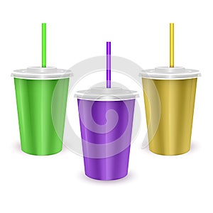 Set of colorful paper disposable cup with lid and drinking straw for cold beverage -soda, ice tea or cocktail, Realistic packaging