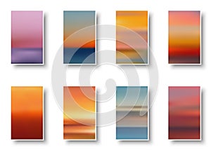 Set of colorful paper sunset and sunrise sea cards. Abstract blurred textured gradient mesh color backgrounds