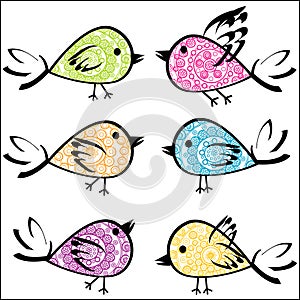 Set of colorful patterned birds