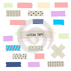 Set of colorful patterned washi tape strips. Vector illustration of a cute decorative scotch tape