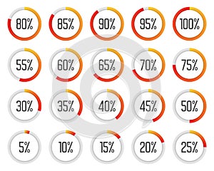 Set of colorful pie charts. Collection of orange and red percentage diagrams