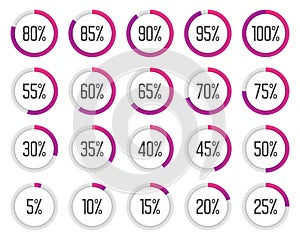 Set of colorful pie charts. Collection of purple percentage diagrams