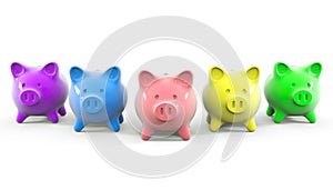 Set of colorful piggy banks isolated on white background, concept savings. 3D render