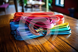 set of colorful pilates resistance bands on a table