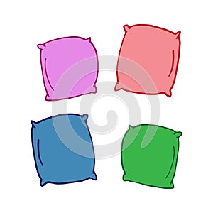 Set of colorful pillows illustration on white background. purple, red, blue and green color. hand drawn vector. four comfy pillows