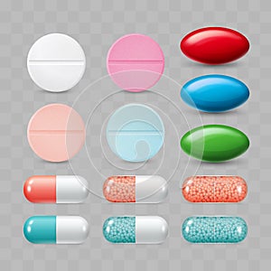 Set of colorful pills. Color group of realistic pharmaceutical d