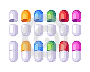 Set of colorful pills. Open and closed capsules. Medicine flat icons