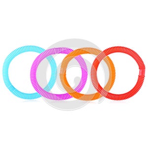A set of colorful plastic frisbees for outdoor play. Children`s active games. Many colored rings isolated on a white background,