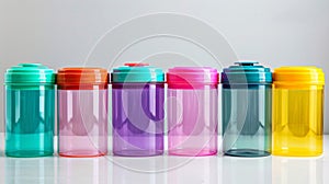 A set of colorful plastic jars each one holding a different type of e. The jars have a userfriendly design with clear photo