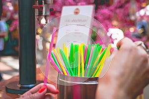 Set of colorful plastic straws, straw background, cocktail straw.