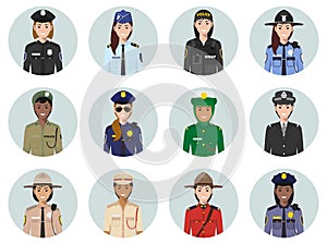 International police concept. Different policeman characters avatars icons set in flat style. Illustrations of sheriff, gendarme a photo