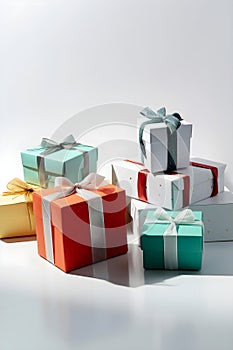 Set of colorful present boxes with silk ribbon bow on light background, gift card. Gift or holiday concept. Mothers Day, birthday