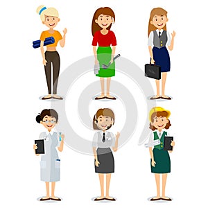 Set of colorful profession woman flat style icons engineer, a housewife, a yoga instructor, researcher, entrepreneur