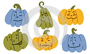 A set of colorful pumpkins for Halloween. Cartoon emotions of threat, joy, embarrassment, laughter with linear images