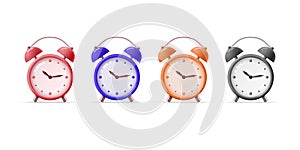 Set of colorful realistic vector 3d alarm clocks isolated on white background.
