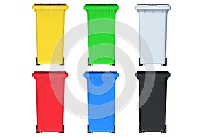 Set of colorful recycling bin isolated on white background. Garbage can. Waste collection. Trash container. Top view.