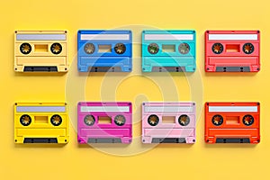 Set Colorful Retro Audio Cassette tapes on yellow