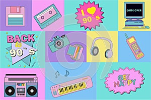 Set of colorful retro elements 80s 90s. Collection of 90s elements