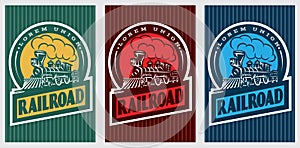 A set of colorful retro posters with a vintage locomotive