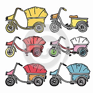 Set colorful rickshaw vector illustrations, handdrawn Asian transportation, vibrant tricycle taxi