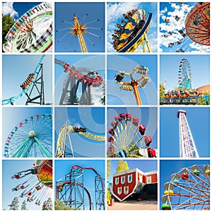 Set of colorful rides in amusement park. Full size