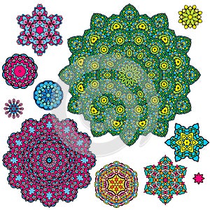 Set of 10 colorful round ornaments, kaleidoscope floral patterns