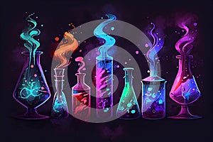 A set of colorful scientific tubes and flasks on a dark background, showcasing the beauty of science and experimentation