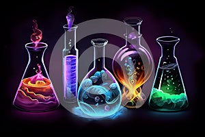 A set of colorful scientific tubes and flasks on a dark background, showcasing the beauty of science and experimentation