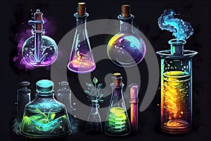 A set of colorful scientific tubes and flasks on a dark background, showcasing the beauty of science and experimentation