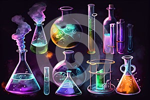 A set of colorful scientific tubes and flasks on a dark background, showcasing the beauty of science and experimentation