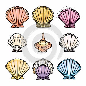 Set colorful seashell illustrations isolated white background, marine conch shells cartoon
