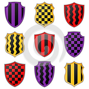 Set of colorful shield icons on a white background.