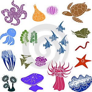 Set of colorful silhouettes of different marine animals