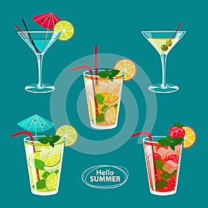 Set of colorful sketch of alcohol cocktails and other drinks