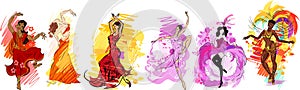 Set of colorful sketches with flamenco, indian, oriental, cancan, samba, contemporary dancers