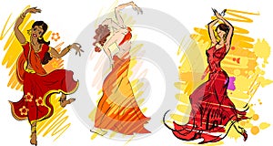 Set of colorful sketches with flamenco, indian and oriental dancers