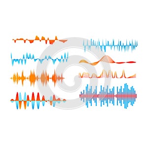 Set of colorful sound waves on white background. Audio waveforms representing sound recording, music tracks. Sound