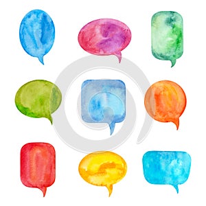 Set of Colorful Speech Bubbles or Conversation Clouds. Painted by Watercolor and Isolated on White