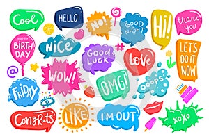 Set of colorful speech bubbles with phrases. Creative shapes, boxes with place for text. Chat, message, stories