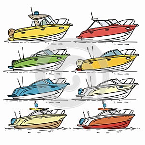 Set colorful speedboats illustrations isolated white, multiple views colors, modern watercraft photo